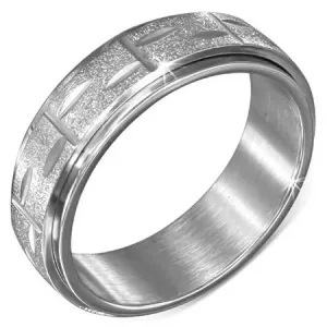 Srebrny pierścionek ze stali - obracający się środkowy pas z rysami - Rozmiar : 58