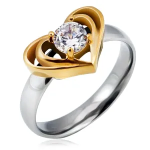 Srebrny stalowy pierścionek ze złotym podwójnym sercem, przeźroczysta cyrkonia - Rozmiar : 52