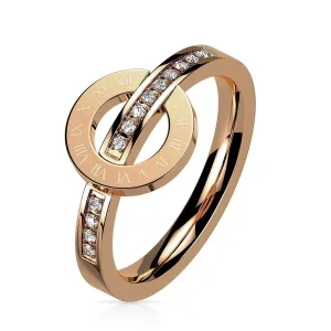Stalowy 316L pierścionek w kolorze różowego złota - okrąg z cyframi rzymskimi, cyrkonie - Rozmiar : 49