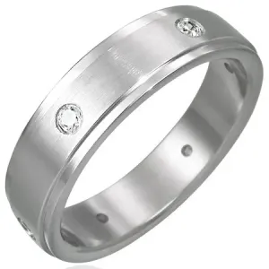 Stalowy matowy pierścionek - 6 cyrkonii na obwodzie - Rozmiar : 65
