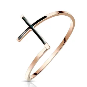 Stalowy pierścień 316L w kolorze miedzi - krzyż z czarną emalią, wąskie ramiona - Rozmiar : 58