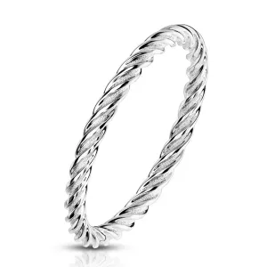 Stalowy pierścień w srebrnym odcieniu - gęsto połączone i skręcone paski, 2 mm - Rozmiar : 59