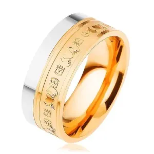 Stalowy pierścionek, dwukolorowy - srebrny i złoty odcień, ornamenty, 8 mm - Rozmiar : 62