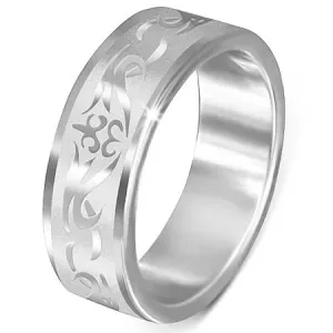 Stalowy pierścionek - matowy z błyszczącym, plemiennym wzorem - Rozmiar : 54