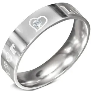 Stalowy pierścionek - napis FOREVER LOVE z cyrkonią, 6 mm - Rozmiar : 57