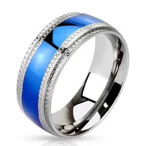 Stalowy pierścionek niebieski pas pośrodku, karbowane krawędzie - Rozmiar : 60