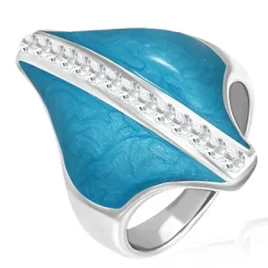 Stalowy pierścionek - niebieski romb, cyrkoniowy pas - Rozmiar : 54