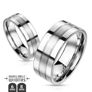 Stalowy pierścionek - srebrna obrączka z dwoma rowkami, matowo-lśniąca - Rozmiar : 65