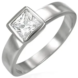 Stalowy pierścionek srebrnego koloru, bezbarwna kwadratowa cyrkonia w oprawie - Rozmiar : 57