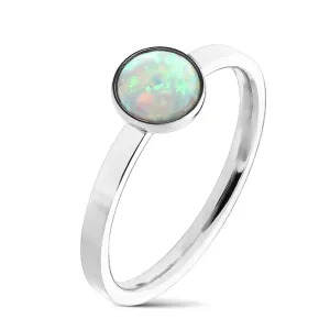 Stalowy pierścionek srebrnego koloru, syntetyczny opal z tęczowymi refleksami, wąskie ramiona - Rozmiar : 60