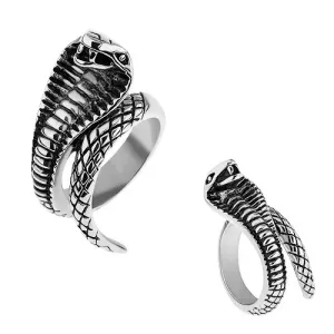Stalowy pierścionek srebrnego koloru, wypukła patynowana kobra - Rozmiar : 60