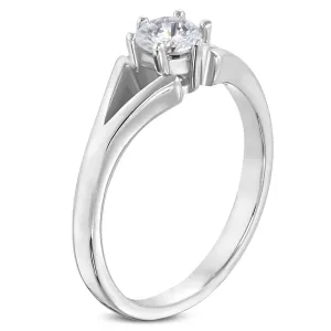 Stalowy pierścionek srebrnego koloru - zaręczynowy, rozdzielone ramiona, bezbarwna cyrkonia - Rozmiar : 58
