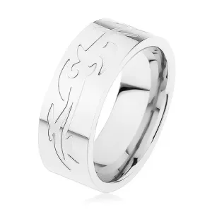 Stalowy pierścionek, srebrny kolor, grawerowany wzór tribala - Rozmiar : 57