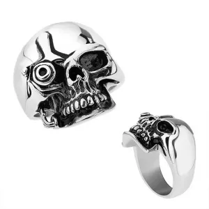 Stalowy pierścionek, srebrny kolor, lśniąca patynowana czaszka w stylu Terminatora - Rozmiar : 68