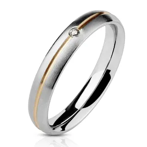 Stalowy pierścionek - srebrny, złoty rowek na środku oraz cyrkonia - Rozmiar : 59