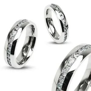 Stalowy pierścionek w kolorze srebrnym, linia środkowa z bezbarwnych cyrkonii - Rozmiar : 59