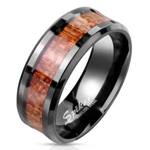 Stalowy pierścionek w kolorze czarnym - pasek z motywem drewna, gładka bezbarwna emalia - Rozmiar : 57