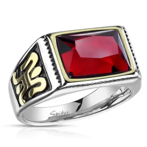 Stalowy pierścionek w kolorze srebrnym z czerwonym kryształem - ornament z boku, czarna emalia, 13 mm - Rozmiar : 65
