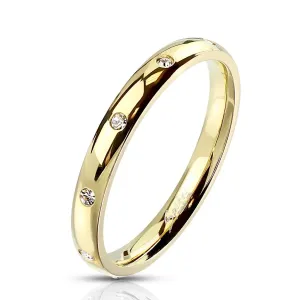 Stalowy pierścionek w kolorze złota - okrągłe cyrkonie bezbarwnego koloru, 3 mm - Rozmiar : 51