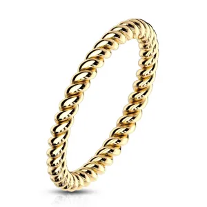 Stalowy pierścionek w kolorze złotym - skręcony kontur w kształcie liny, 2 mm - Rozmiar : 48