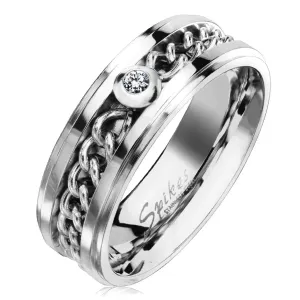 Stalowy pierścionek w srebrnym odcieniu z łańcuszkiem i przezroczystą cyrkonią, 7 mm - Rozmiar : 62