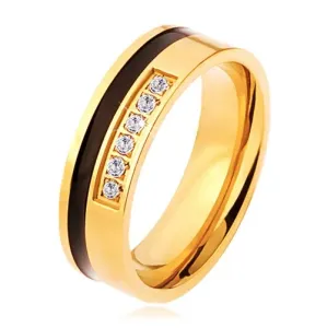 Stalowy pierścionek w złotym i czarnym kolorze, ozdobny pas przezroczystych cyrkonii - Rozmiar : 60