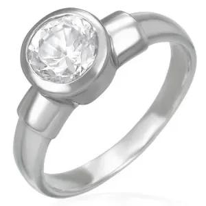 Stalowy pierścionek z dużym cyrkoniowym oczkiem w metalowej oprawie - Rozmiar : 58