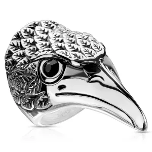 Stalowy pierścionek z głową orła - czarne cyrkonie, prążkowane patynowane pióra srebrnego koloru - Rozmiar : 62