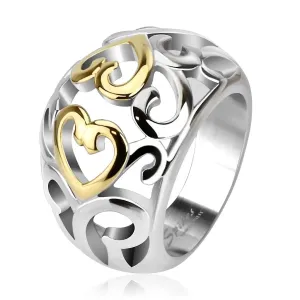 Stalowy pierścionek z wycinanym ornamentem, złoto-srebrny - Rozmiar : 50