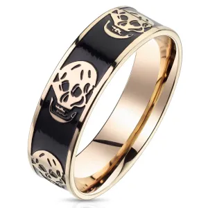 Stalowy pierścionek z wzorem uśmiechniętej czaszki - pasek z czarną emalią, kolor miedziany, 6 mm - Rozmiar : 59