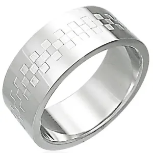 Stalowy pierścionek z wzorem w kształcie szachownicy - Rozmiar : 54