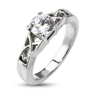 Stalowy pierścionek zaręczynowy - plecionka wokół okrągłej cyrkoni - Rozmiar : 50