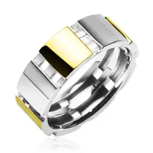 Stalowy pierścionek ze złotymi elementami - Rozmiar : 59
