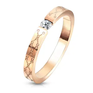 Zaręczynowy pierścionek ze stali - bezbarwna cyrkonia, kolor miedziany, delikatne grawerowanie - Rozmiar : 55