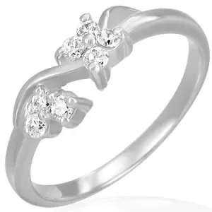 Zaręczynowy stalowy pierścionek - bezbarwne cyrkoniowe kwiatki na fali - Rozmiar : 50