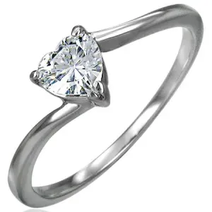 Zaręczynowy stalowy pierścionek, cyrkoniowe serce bezbarwnego koloru, wąskie zakrzywione ramione - Rozmiar : 55