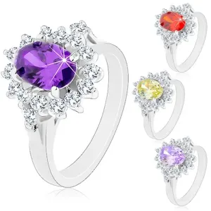 Błyszczący pierścionek srebrnego koloru, duży owalny kwiat z cyrkonii - Rozmiar : 54, Kolor: Ciemny fiolet