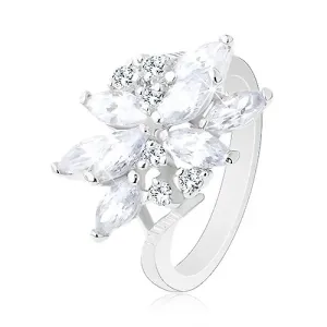 Błyszczący pierścionek w srebrnym odcieniu, kwiat - cyrkoniowe ziarenka różnych kolorów - Rozmiar : 49, Kolor: Jasnofioletowy