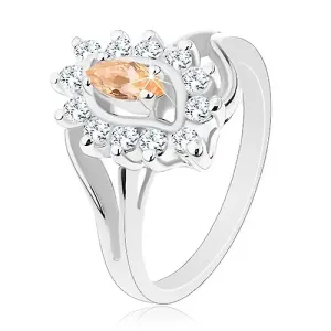 Błyszczący pierścionek w srebrnym odcieniu, pomarańczowe ziarenko, przezroczyste cyrkonie - Rozmiar : 57