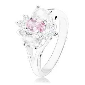Błyszczący pierścionek w srebrnym odcieniu, rozdzielone ramiona, różowo-przezroczysty kwiat - Rozmiar : 52
