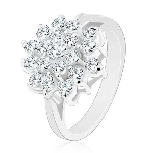 Lśniący pierścionek srebrnego koloru, duży kwiat z okrągłych przezroczystych cyrkonii - Rozmiar : 57