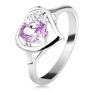 Lśniący pierścionek srebrnego koloru z zarysem serca, jasnofioletowa owalna cyrkonia - Rozmiar : 52