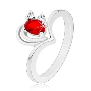 Lśniący pierścionek srebrnego koloru, zarys serduszka, czerwono-przezroczyste cyrkonie - Rozmiar : 55