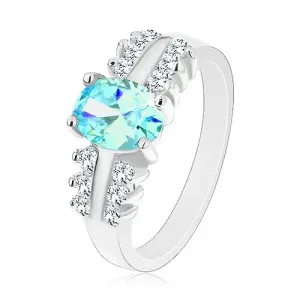 Lśniący pierścionek ze stali, przezroczyste cyrkoniowe pasy, owalna kolorowa cyrkonia - Rozmiar : 49, Kolor: Aqua niebieski