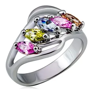 Metalowy pierścionek, rozgałęzione ramiona z kolorowymi cyrkoniami w rzędzie - Rozmiar : 51