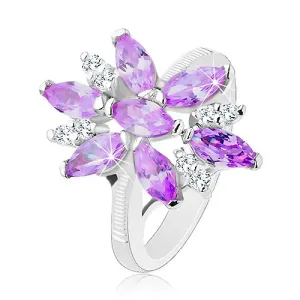 Pierścionek srebrnego koloru, duży kwiat z fioletowych i przezroczystych cyrkonii - Rozmiar : 50