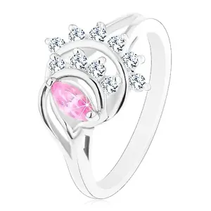 Pierścionek srebrnego koloru, różowe ziarnko, łuki z przezroczystych cyrkonii - Rozmiar : 52