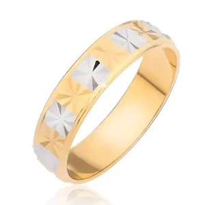 Stalowy lśniący pierścionek - złote i srebrne kwadraciki z diamentowym wzorem - Rozmiar : 54