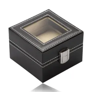 Kwadratowa szkatułka na zegarki - czarna skóra ekologiczna, błyszcząca metalowa klamra