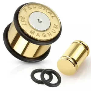 Stalowy plug do ucha, złoto-srebrna łuska naboju Magnum - Szerokość: 16 mm